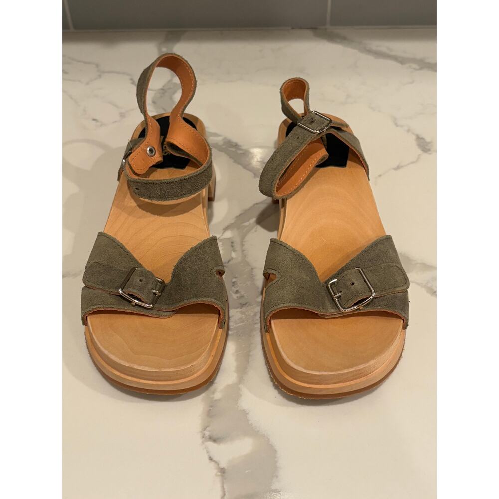 Swedish Hasbeens Olive Green Suede Wooden Clog Sandals Size 39 Low Block Heel - Picture 3 of 7
